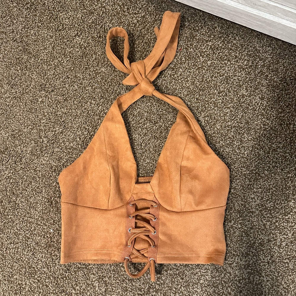 Suede Halter Lace-Up Crop Top - Tan